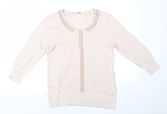 Oasis Womens Beige Round Neck  Polyester Pullover Jumper Size L   - Glitter Trim to collar and centre Pinkish Beige