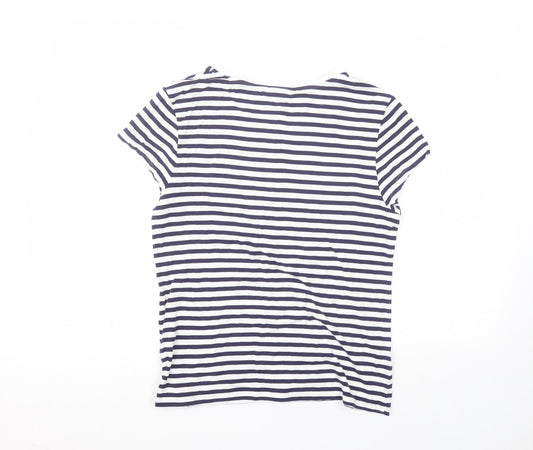 Oasis Womens White Striped Viscose Basic T-Shirt Size L Round Neck