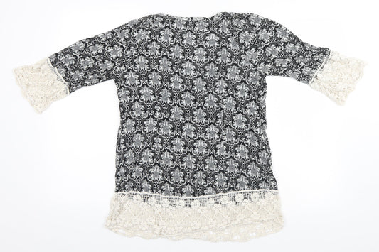 Preworn Womens Black Fair Isle Cotton Basic T-Shirt Size M Round Neck