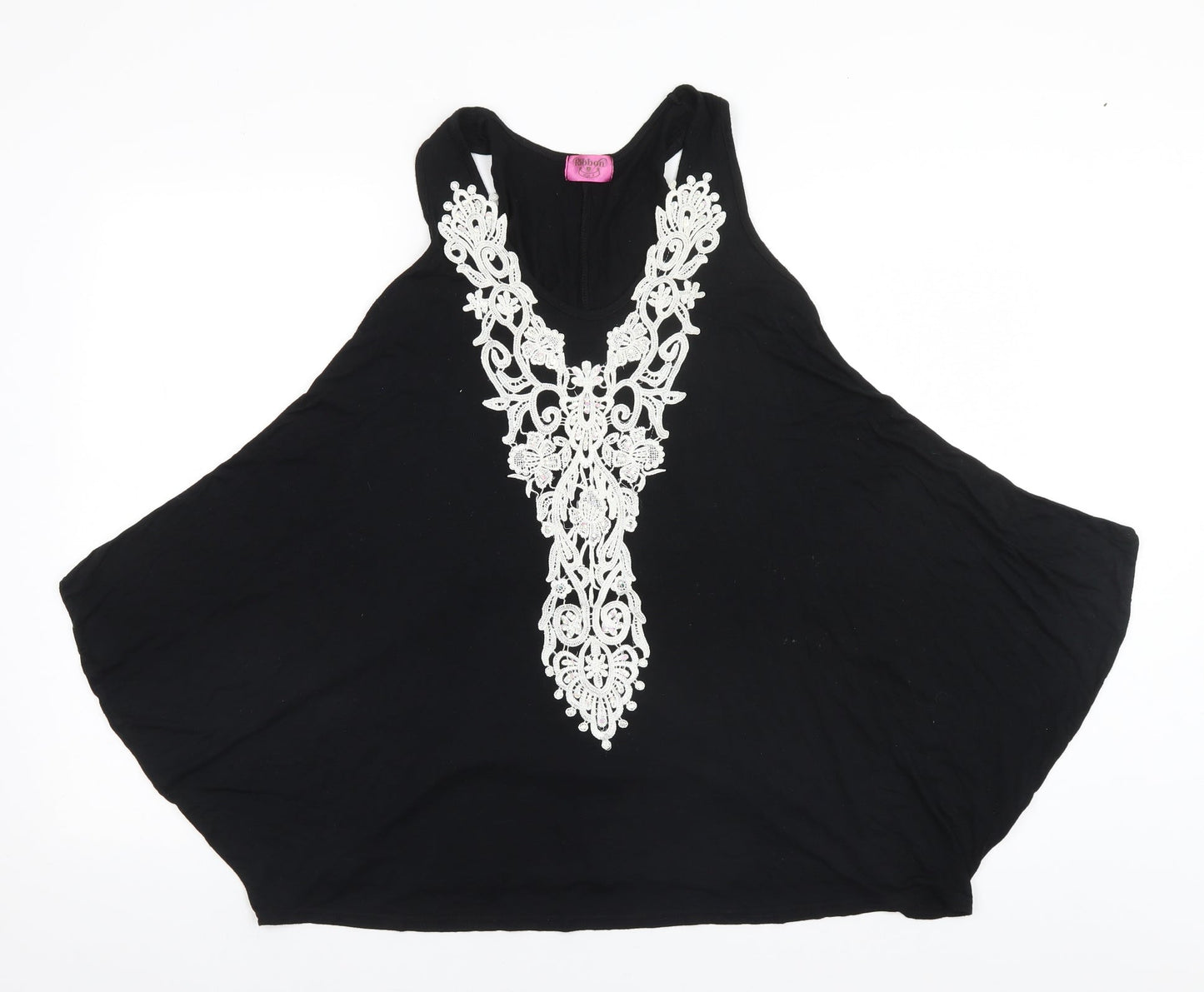 Ribbon Womens Black  Viscose Basic Blouse Size 8 Round Neck