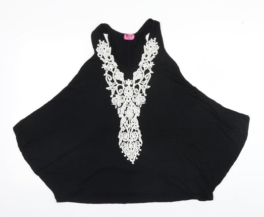 Ribbon Womens Black  Viscose Basic Blouse Size 8 Round Neck