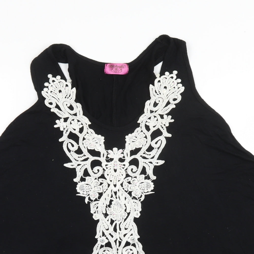 Ribbon Womens Black  Viscose Basic Blouse Size 8 Round Neck