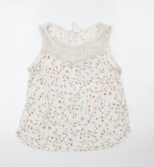 H&M Womens White Floral Viscose Basic Tank Size S Round Neck - Lace Detail