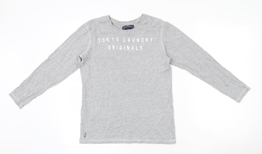 Tokyo Laundry Co Boys Grey  Cotton Basic T-Shirt Size 11-12 Years Round Neck Pullover - Badge Detail