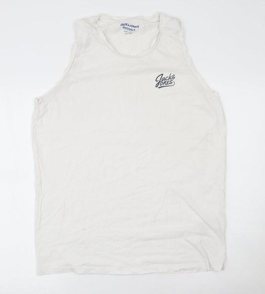 Jacks & Jones Mens White  Cotton  T-Shirt  Round Neck  - Tank