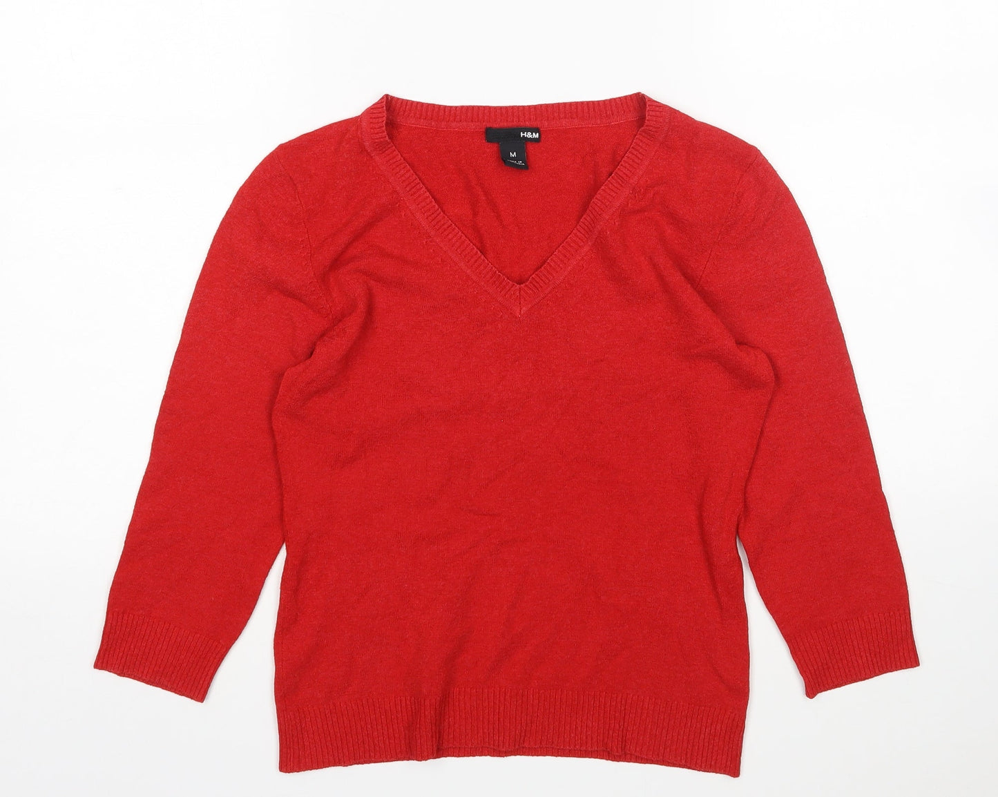 H&M Womens Red V-Neck  Acrylic Pullover Jumper Size M