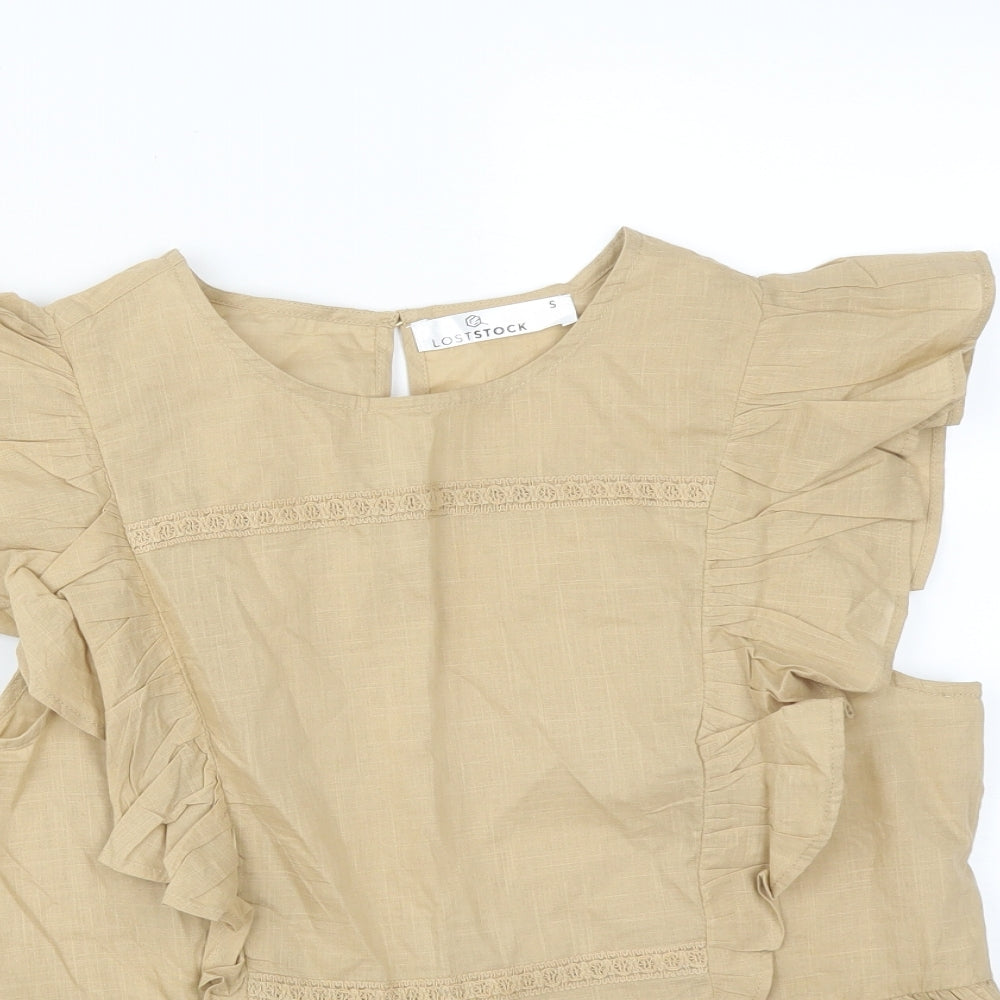 LOST STOCK Womens Brown  Cotton Basic T-Shirt Size S Round Neck