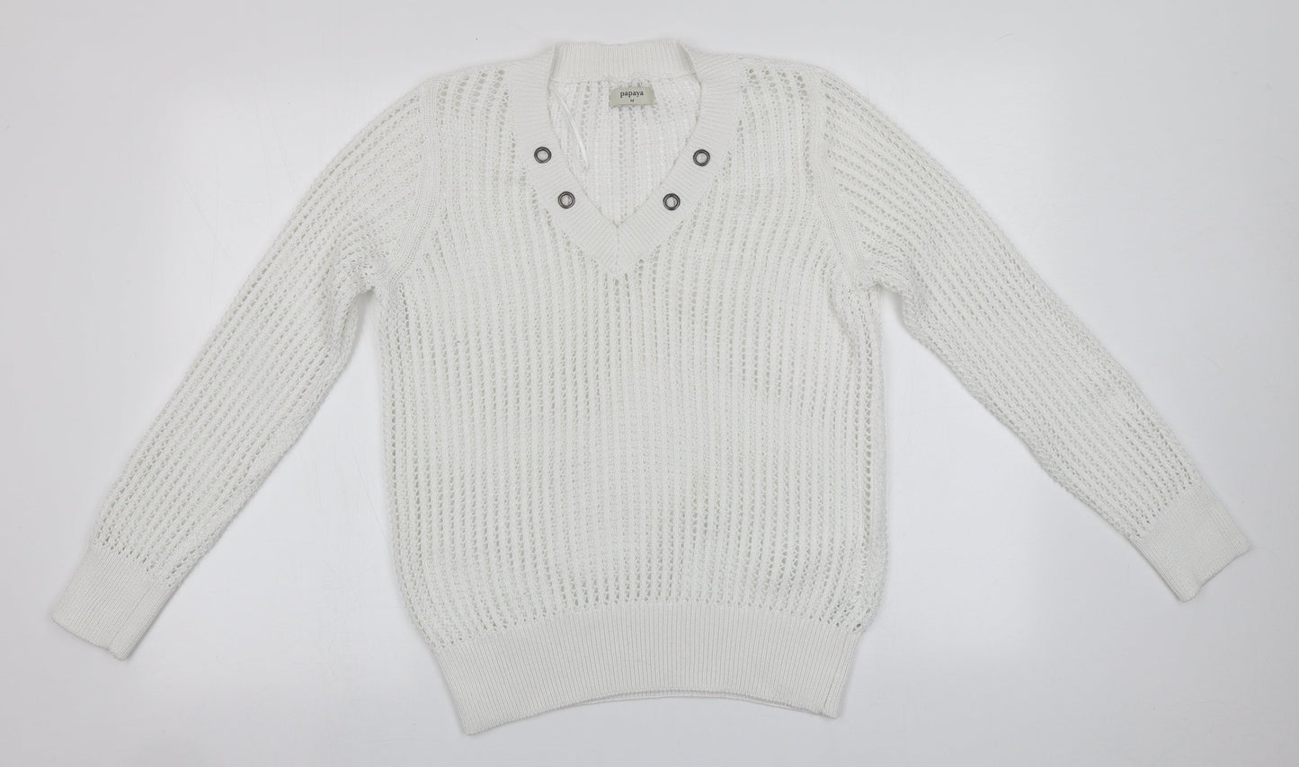Papaya Womens White V-Neck  Polyester Pullover Jumper Size M