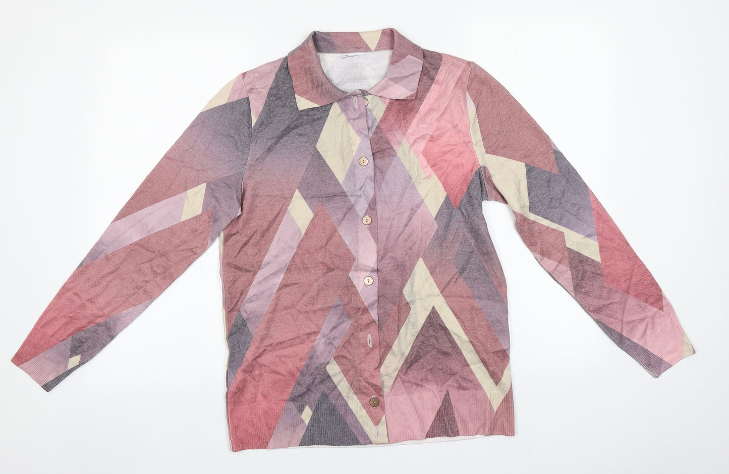 Preworn Womens Multicoloured Geometric Polyester Basic Button-Up Size 12 Collared