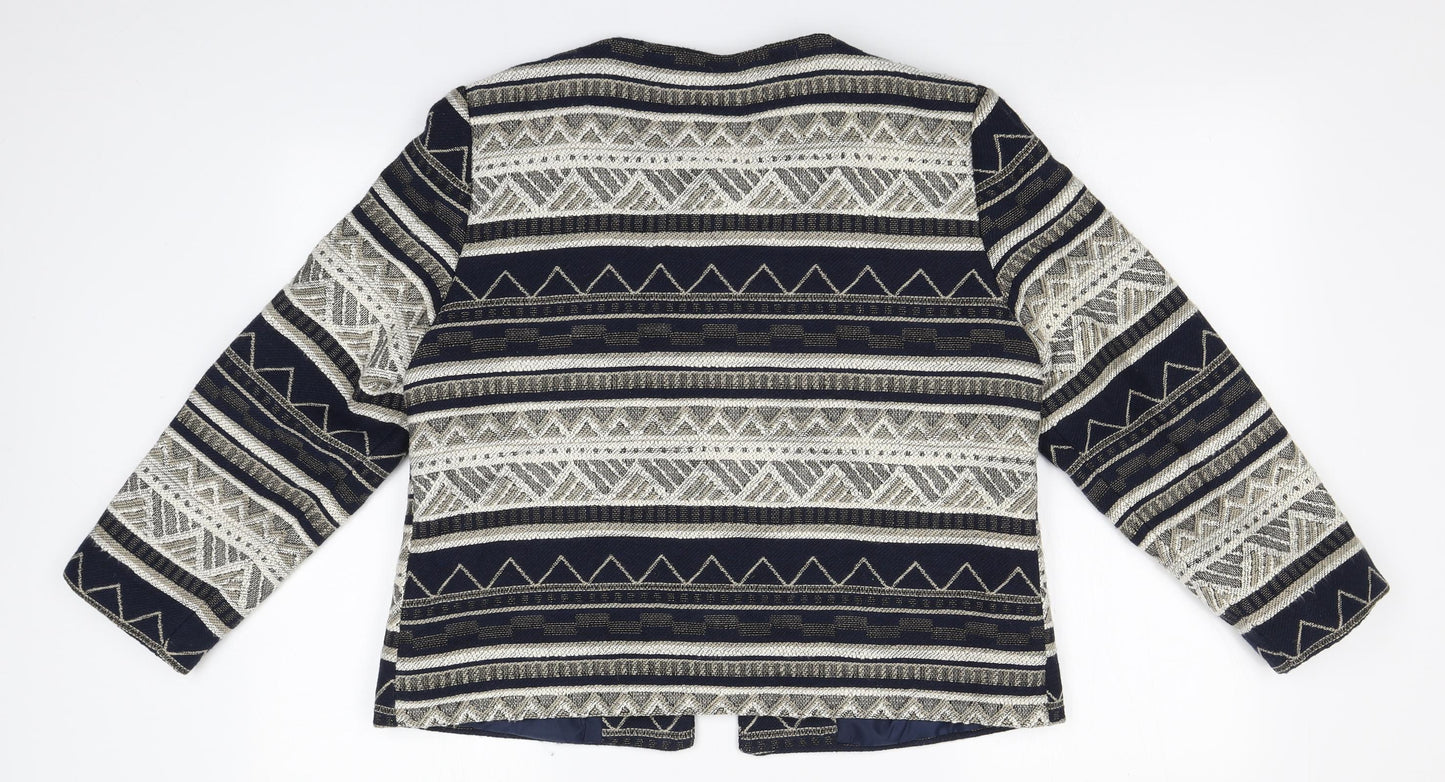 Bonmarché Womens Blue Round Neck Geometric Polyester Cardigan Jumper Size 14
