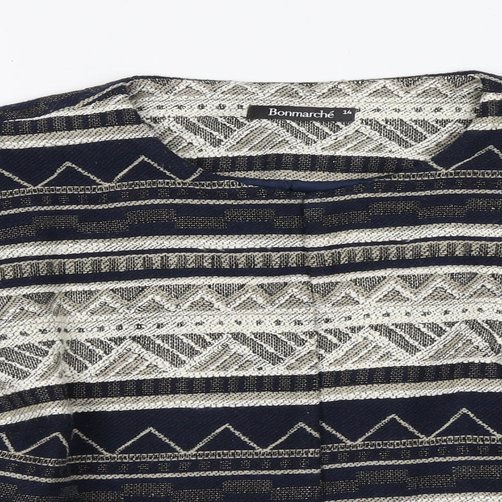 Bonmarché Womens Blue Round Neck Geometric Polyester Cardigan Jumper Size 14