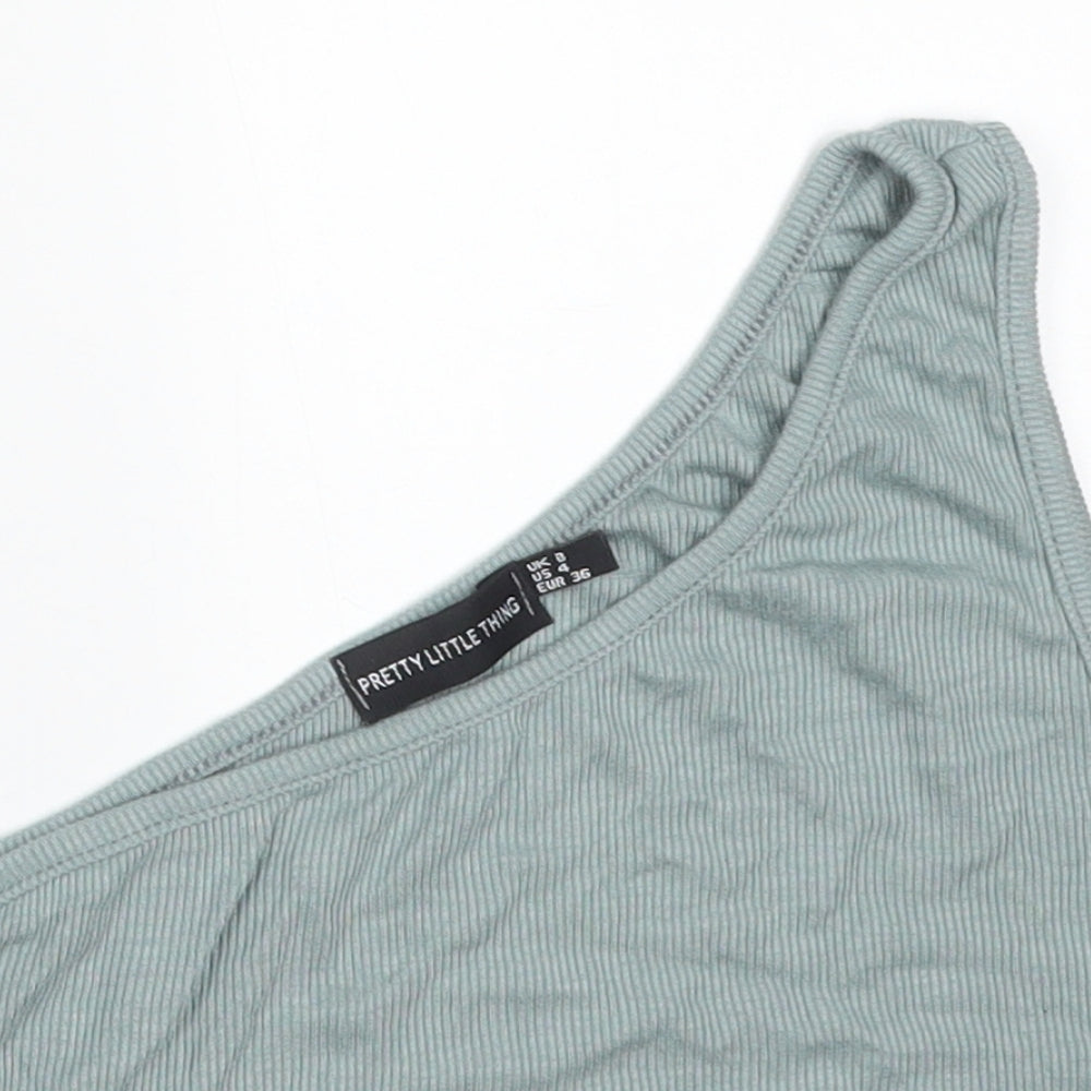 PRETTYLITTLETHING Womens Green Striped Polyester Camisole T-Shirt Size 8 One Shoulder