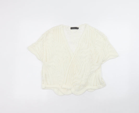 elite Womens White V-Neck  Acrylic Cardigan Jumper Size M