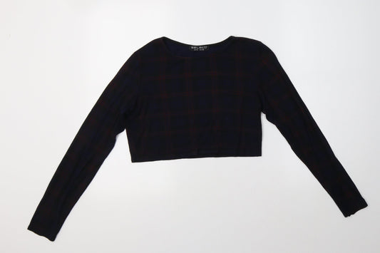 Select Womens Black Check Viscose Cropped T-Shirt Size 12 Crew Neck