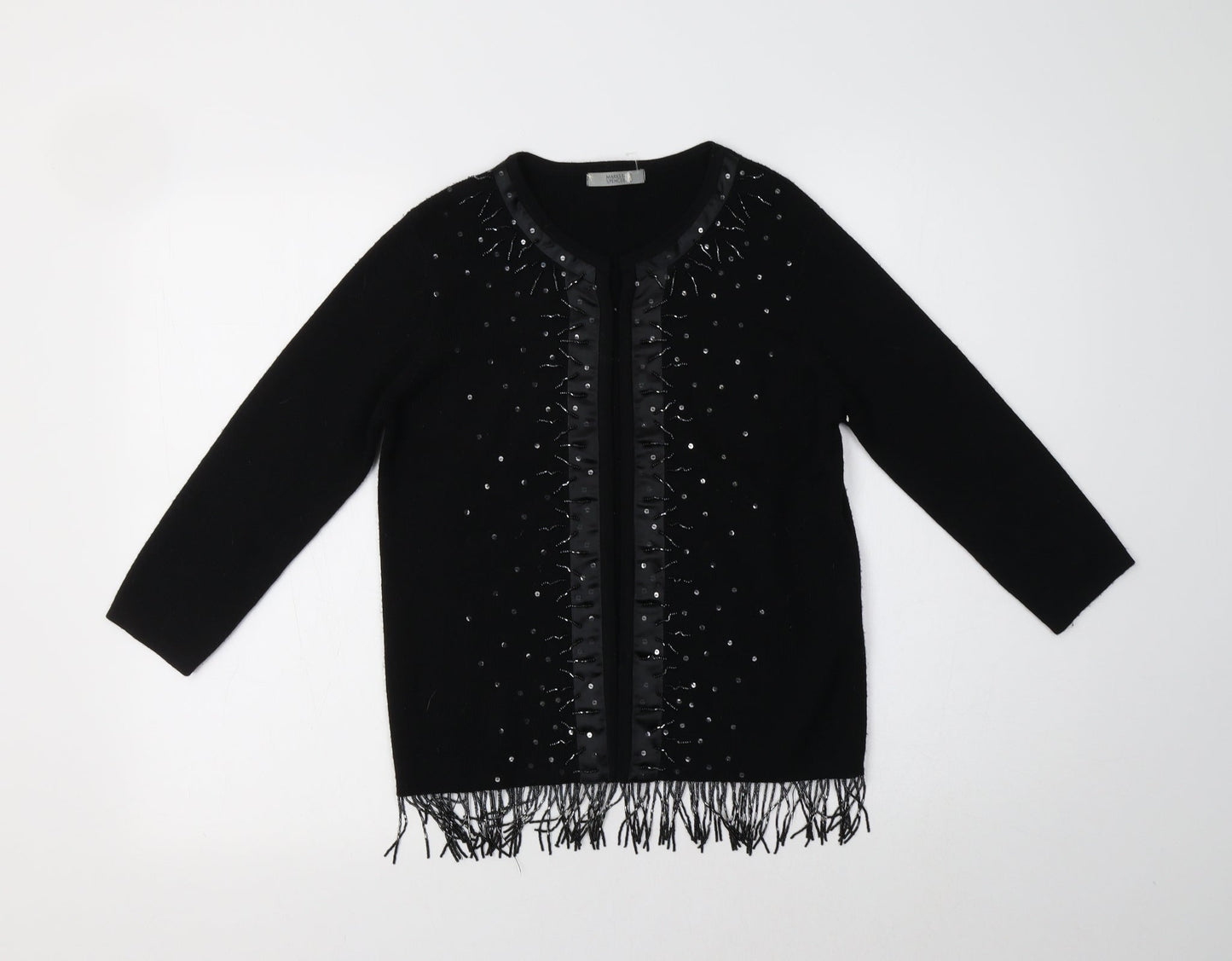 M&S Womens Black Crew Neck  Acrylic Cardigan Jumper Size 10
