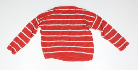 M&S Girls Orange Round Neck Striped 100% Cotton Pullover Jumper Size 12-13 Years