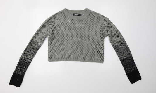 Lasula Womens Grey Crew Neck Striped Acrylic Pullover Jumper Size 12