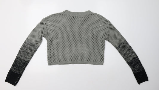 Lasula Womens Grey Crew Neck Striped Acrylic Pullover Jumper Size 12