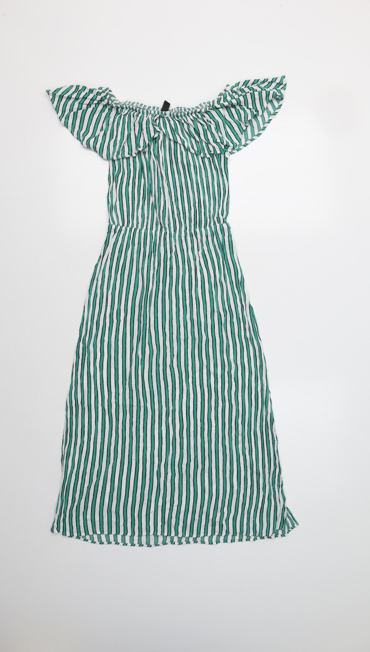 H&M Womens Green Striped Viscose A-Line  Size 8  Off the Shoulder