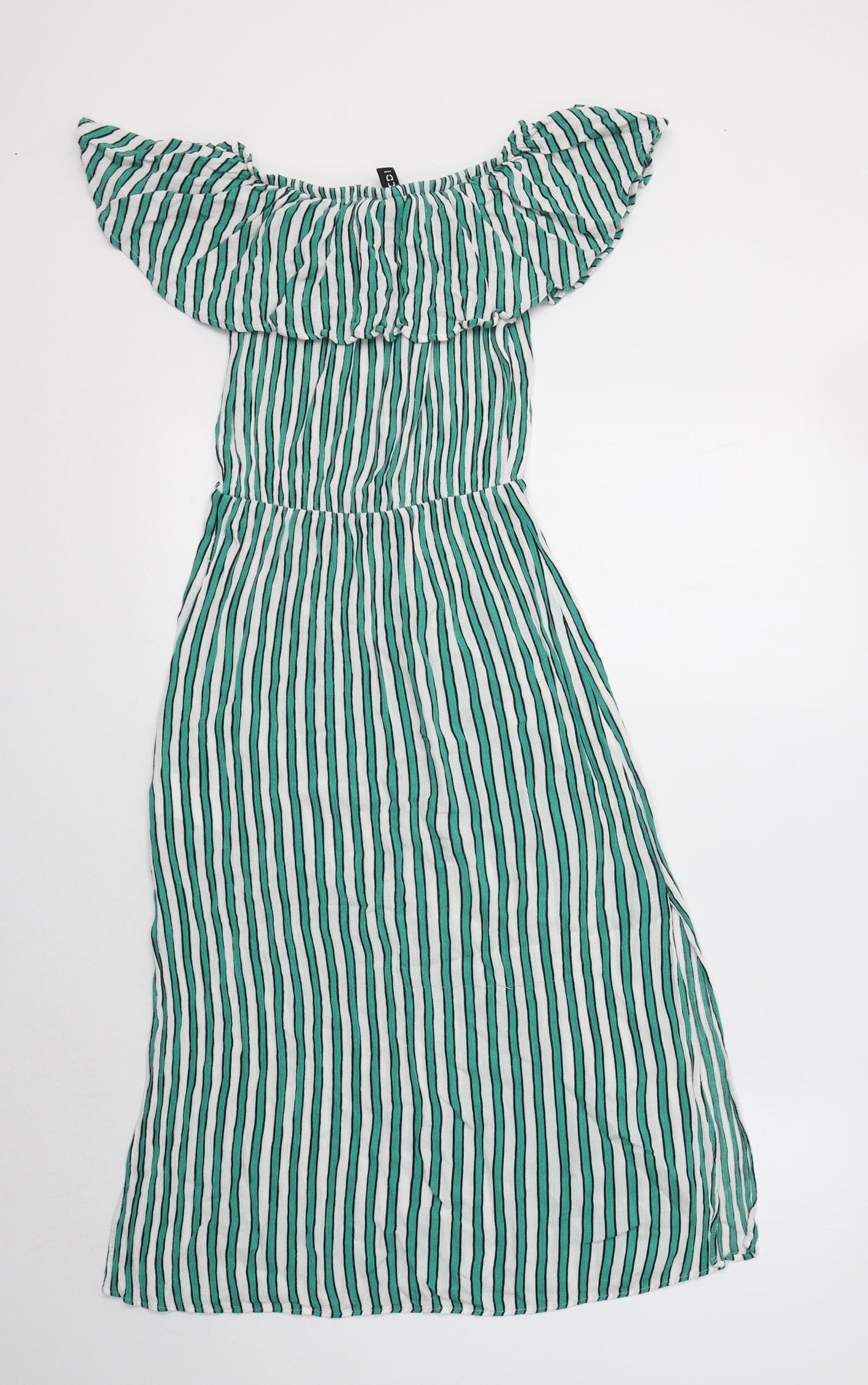 H&M Womens Green Striped Viscose A-Line  Size 8  Off the Shoulder