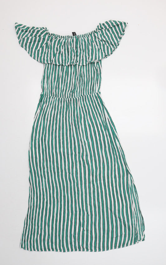 H&M Womens Green Striped Viscose A-Line  Size 8  Off the Shoulder