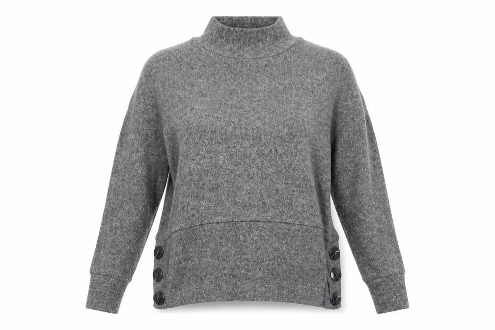 F&F Womens Grey High Neck  Polyester Pullover Jumper Size 10   - Fluffy texture Large buttons to side hems