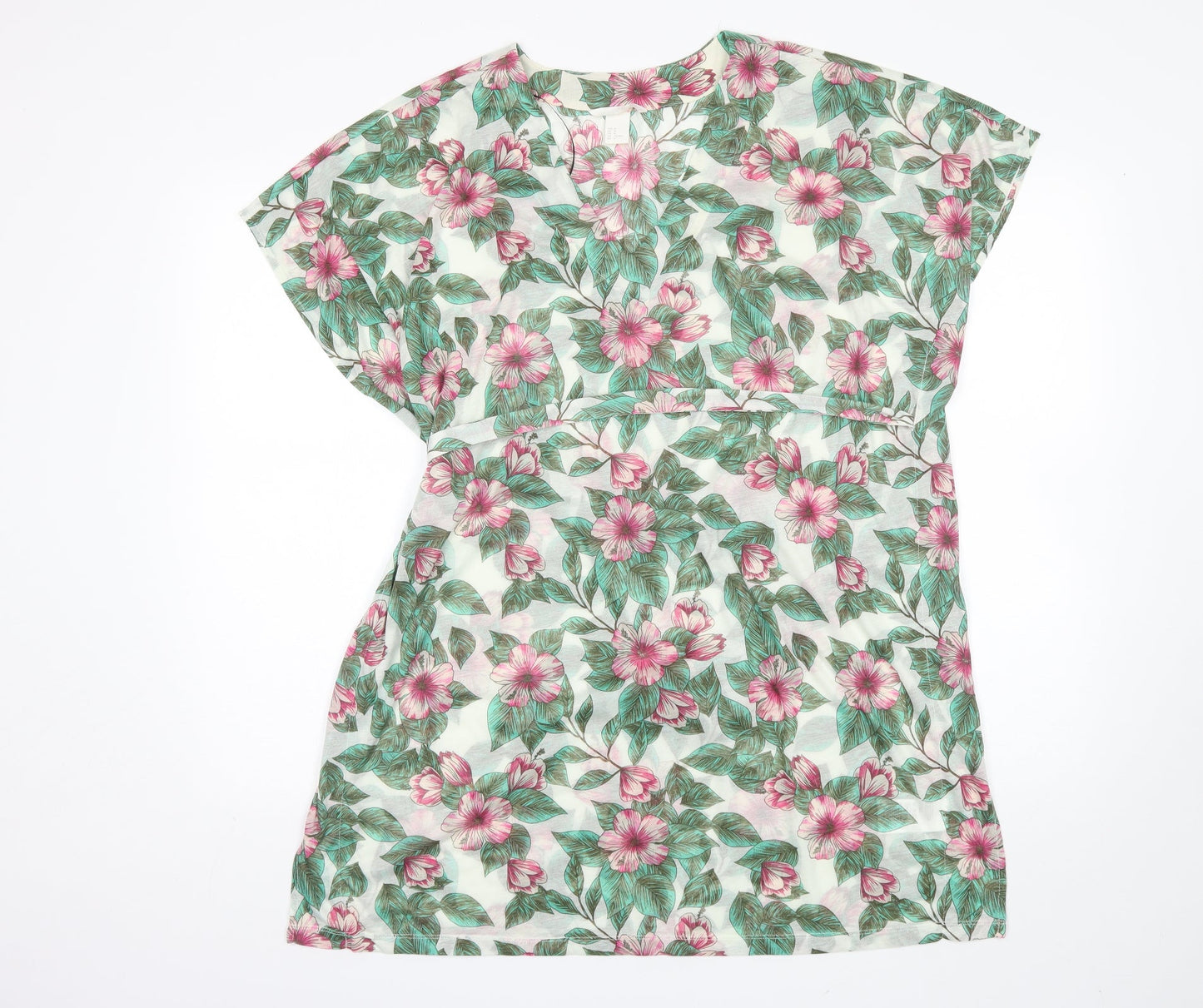 H&M Womens Green Floral Polyester Basic Blouse Size M V-Neck