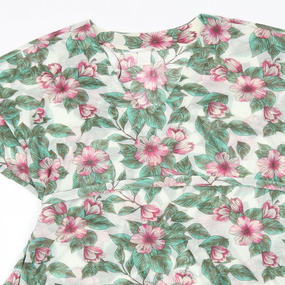 H&M Womens Green Floral Polyester Basic Blouse Size M V-Neck