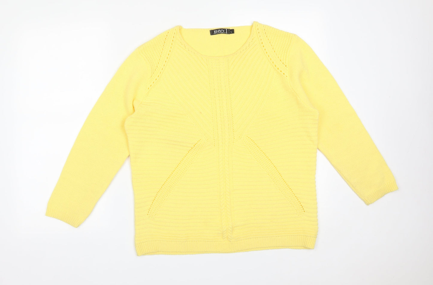 Envy Womens Yellow Striped Acrylic Basic T-Shirt Size L Round Neck