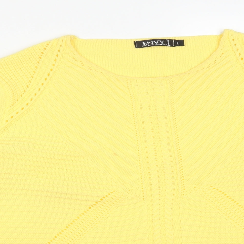 Envy Womens Yellow Striped Acrylic Basic T-Shirt Size L Round Neck