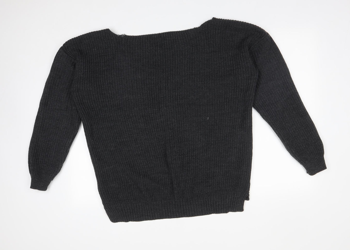 Boohoo Womens Grey V-Neck  Acrylic Pullover Jumper Size L