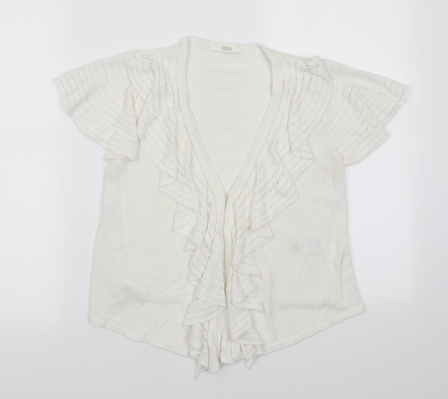 Marks and Spencer Womens White V-Neck  Flax Cardigan Jumper Size 10   - Frilled front Hook & eye