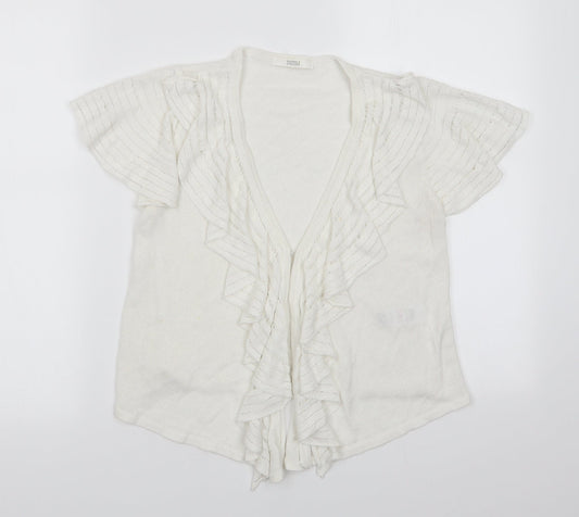 Marks and Spencer Womens White V-Neck  Flax Cardigan Jumper Size 10   - Frilled front Hook & eye