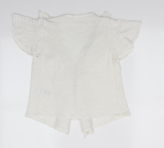 Marks and Spencer Womens White V-Neck  Flax Cardigan Jumper Size 10   - Frilled front Hook & eye