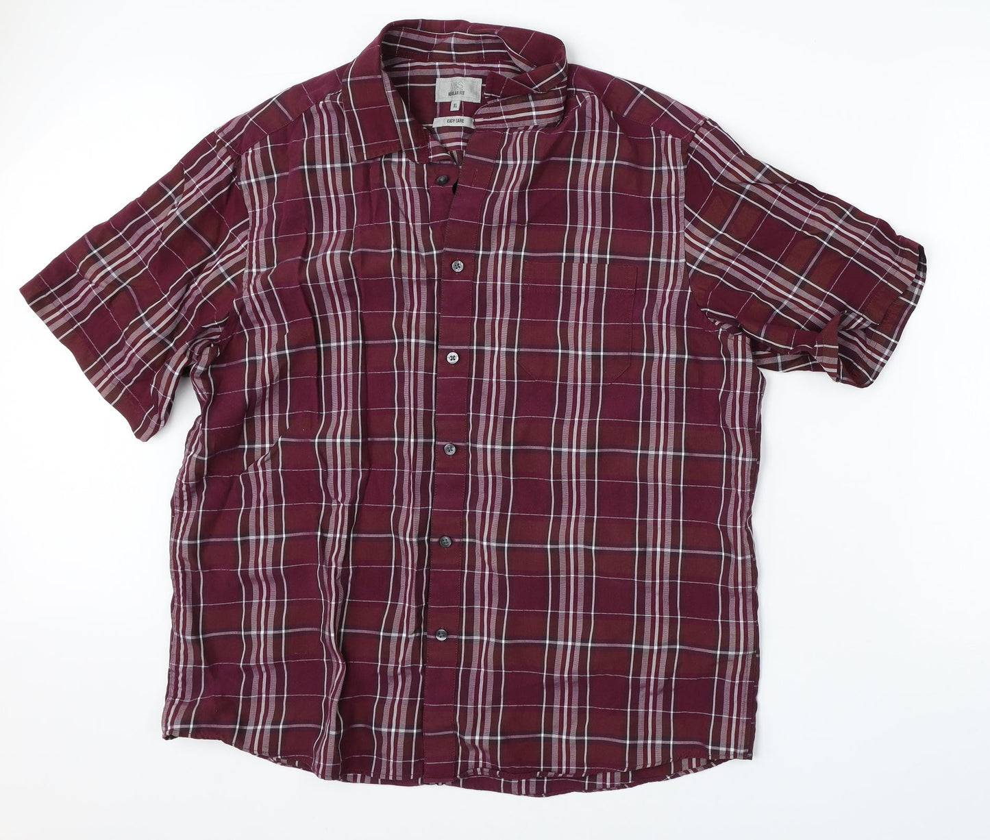 M&S Mens Red Check Modal  Button-Up Size XL Collared Button