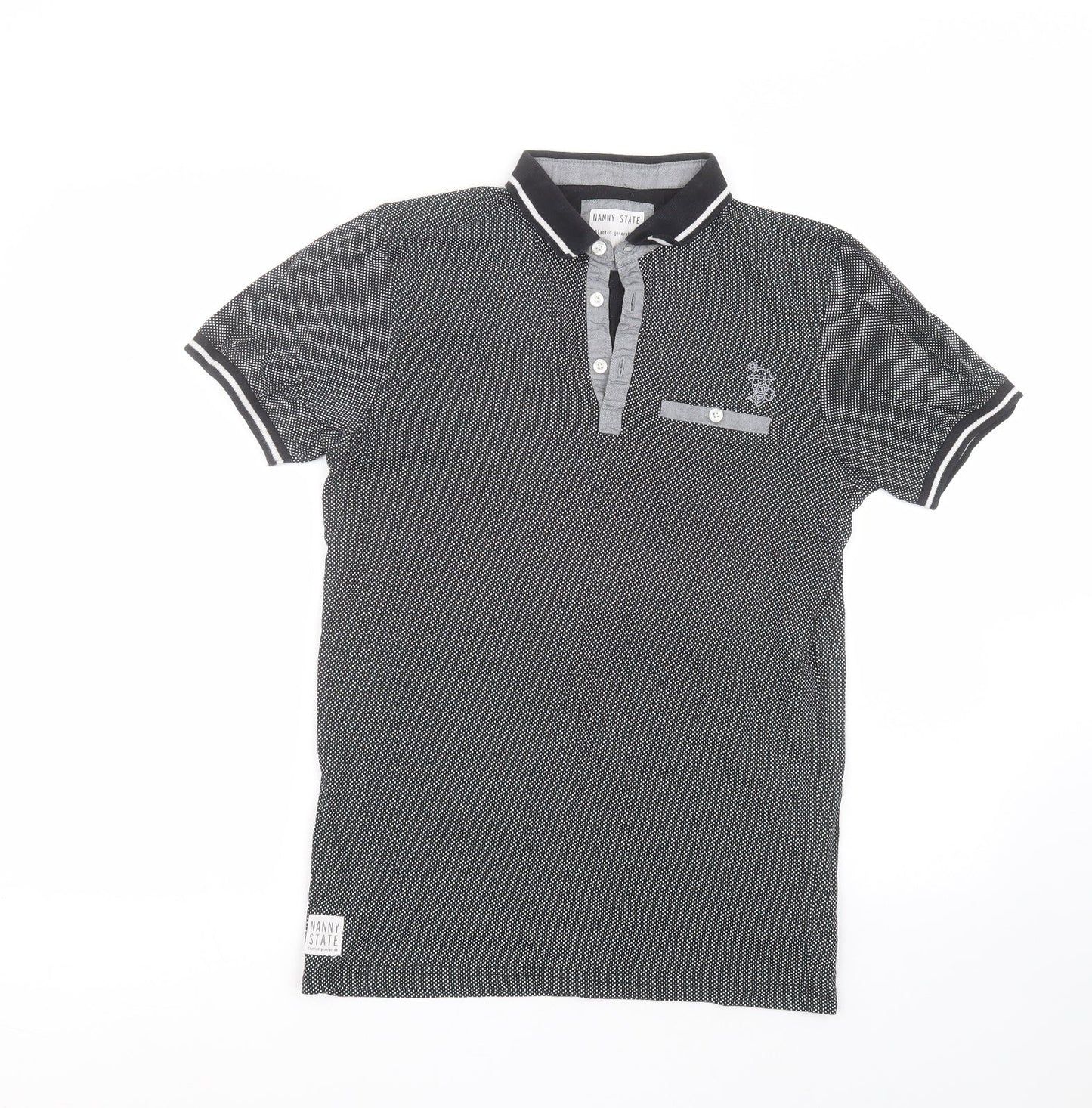 Nanny State Mens Black Polka Dot Cotton  Polo Size S Collared