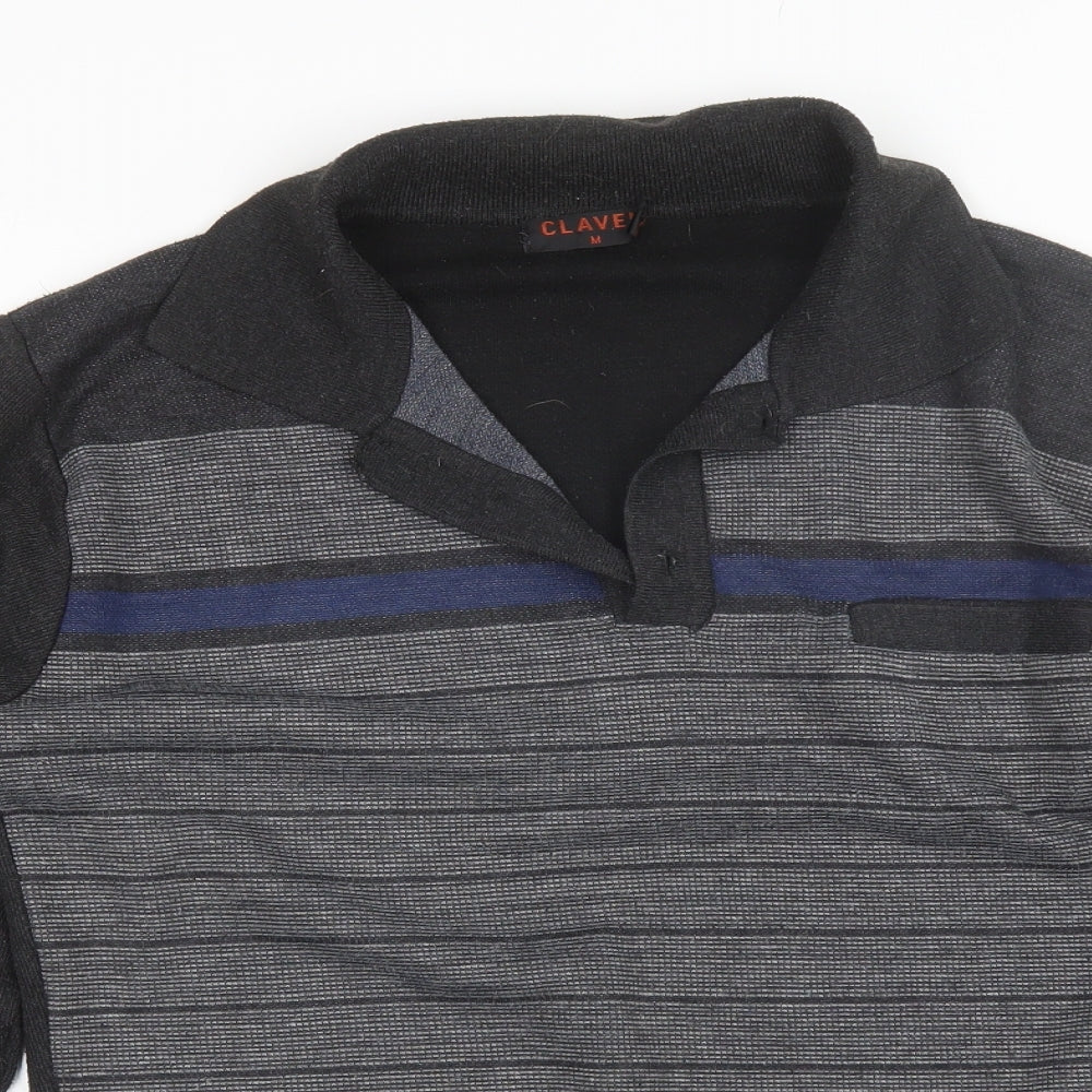 Clavel Mens Grey Collared Striped Acrylic Pullover Jumper Size M