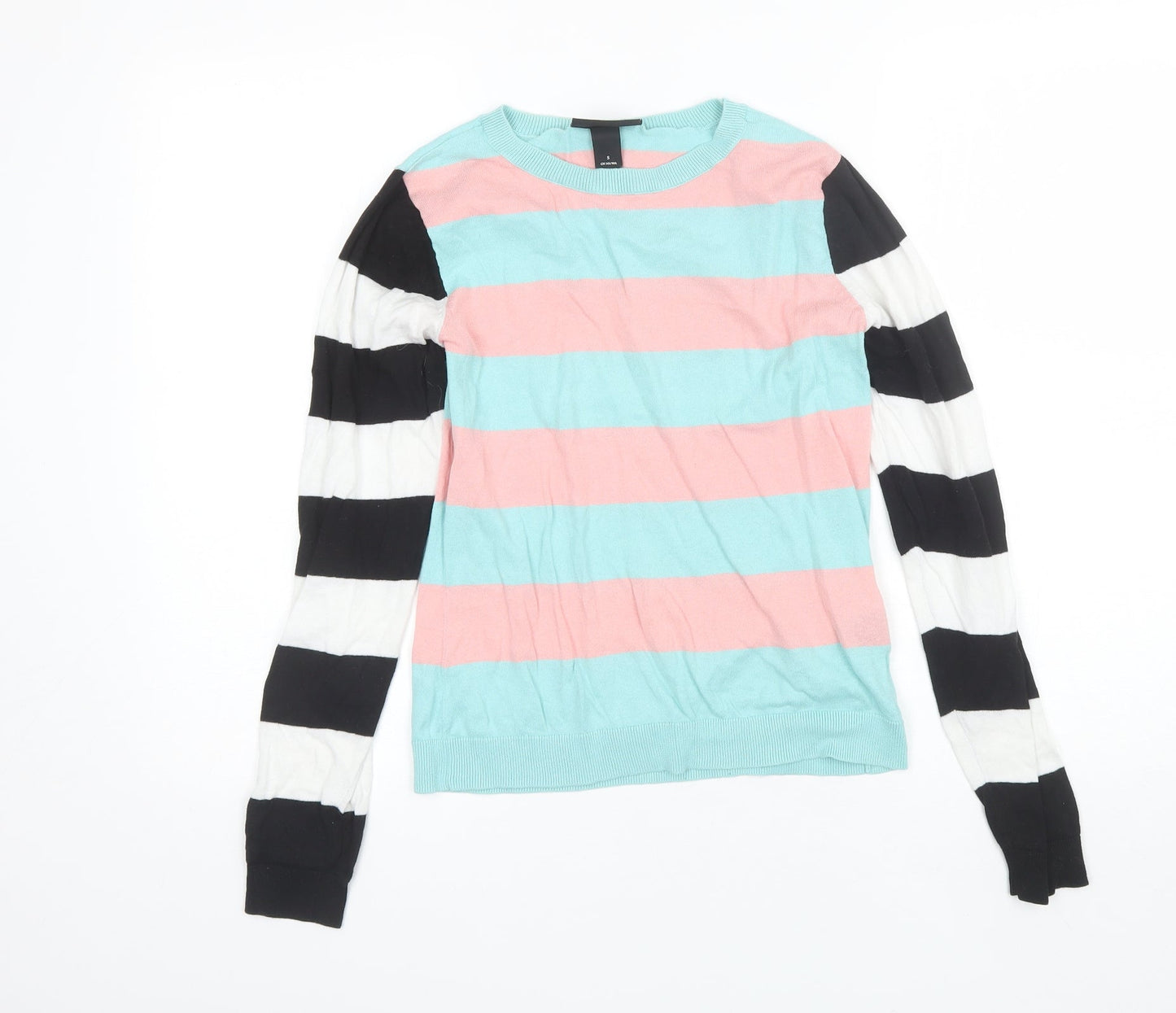 MONKL Womens Blue Round Neck Striped Cotton Pullover Jumper Size S