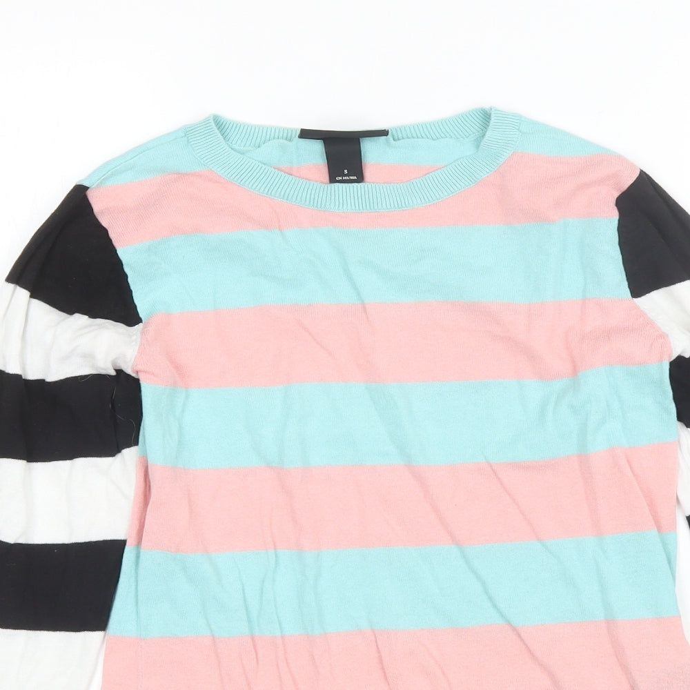 MONKL Womens Blue Round Neck Striped Cotton Pullover Jumper Size S