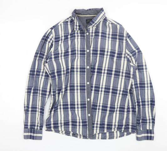 ACW85 Mens Blue Plaid Cotton  Button-Up Size L Collared