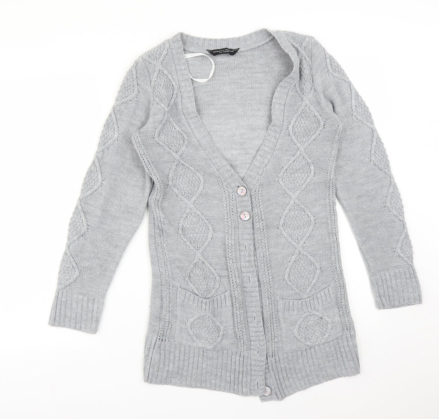 Dorothy Perkins Womens Grey V-Neck Argyle/Diamond Acrylic Cardigan Jumper Size 8
