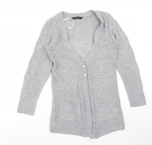 Dorothy Perkins Womens Grey V-Neck Argyle/Diamond Acrylic Cardigan Jumper Size 8