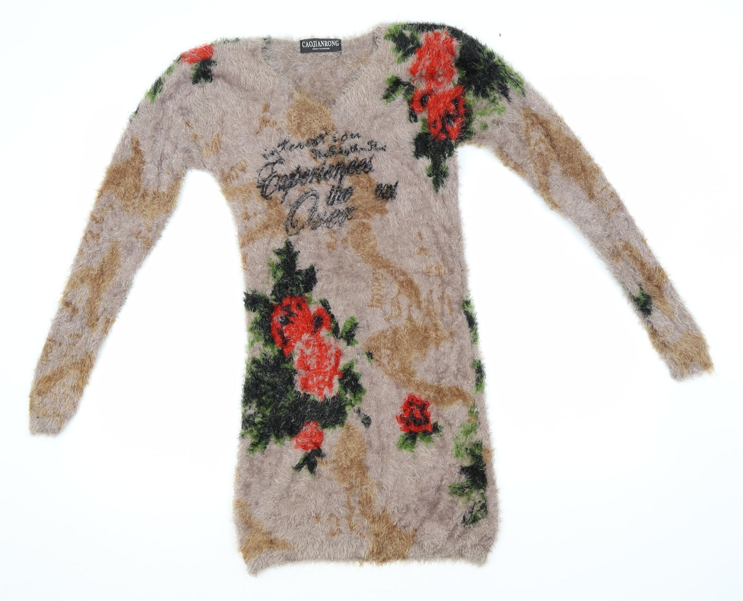 Caojianrong Womens Brown Round Neck Floral Acrylic Pullover Jumper