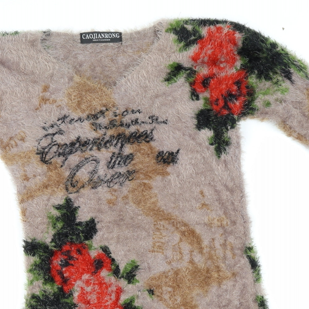 Caojianrong Womens Brown Round Neck Floral Acrylic Pullover Jumper