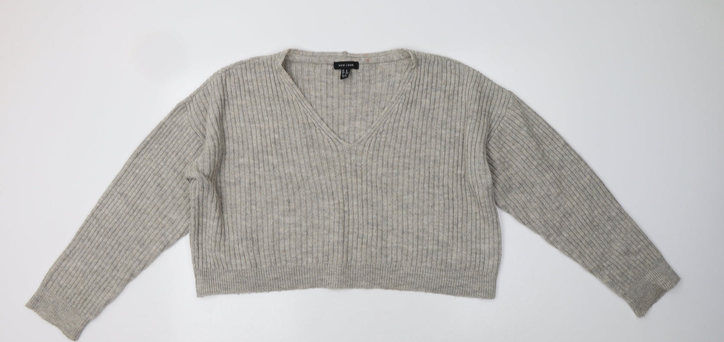 New Look Womens Grey V-Neck  Acrylic Pullover Jumper Size M