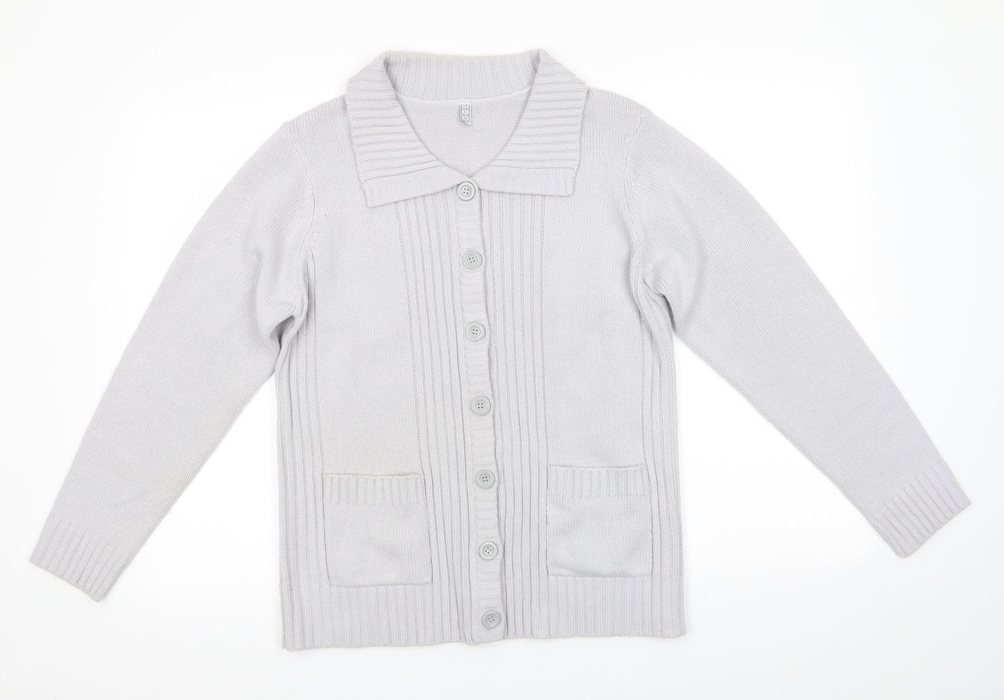 Preworn Womens Grey Collared  Acrylic Cardigan Jumper Size 10   - Light Grey