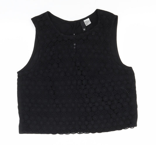 Divided Womens Black Floral Cotton Basic Tank Size 12 Round Neck