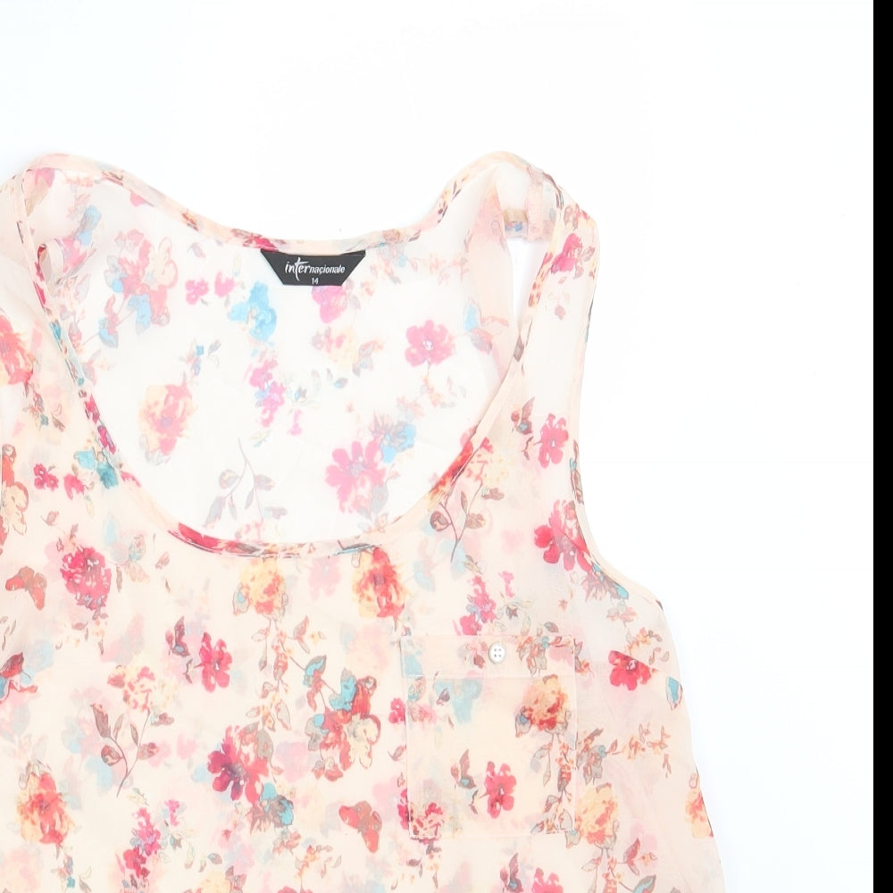 Internacionale Womens Pink Floral Polyester Basic Blouse Size 14 Round Neck