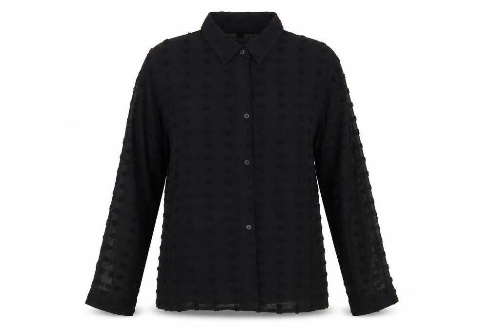 Preworn Womens Black Polka Dot Polyester Basic Button-Up Size L Collared