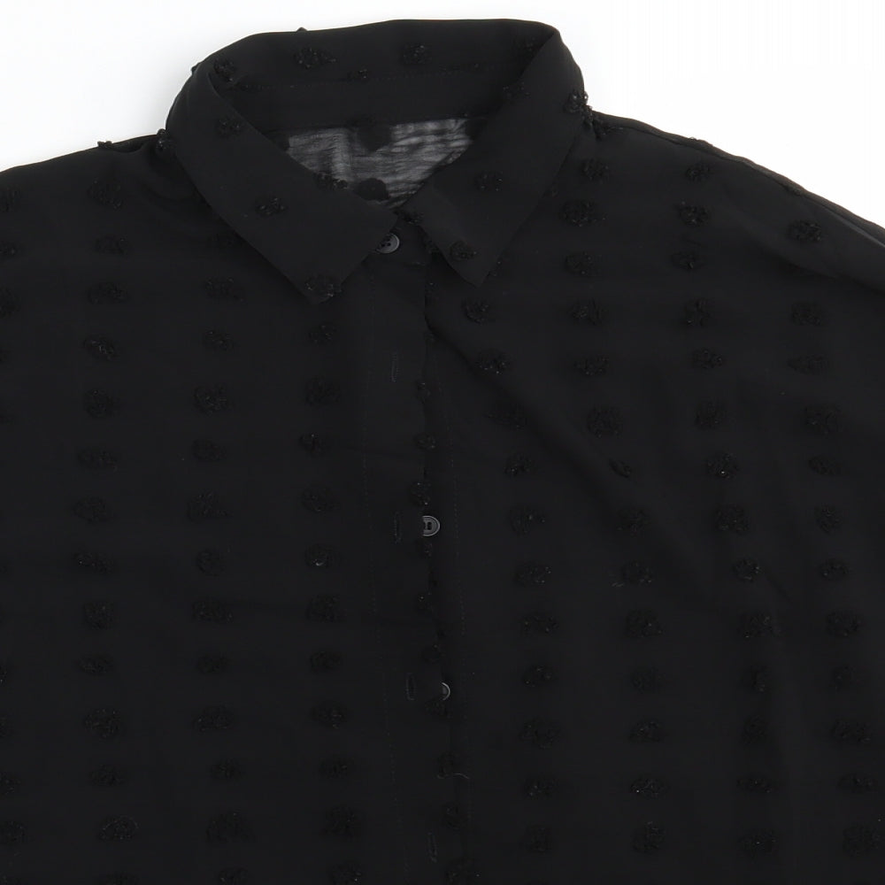 Preworn Womens Black Polka Dot Polyester Basic Button-Up Size L Collared